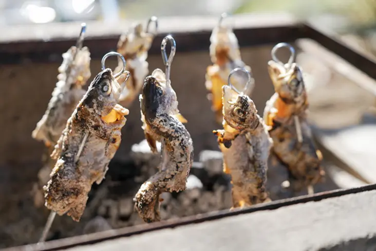 炭火で焼かれるマスの塩焼き