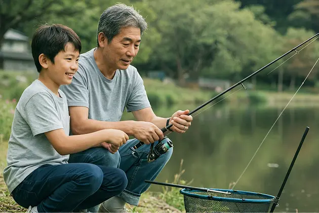 小学生くらいの男の子とお父さんが一緒に釣りを楽しむ様子